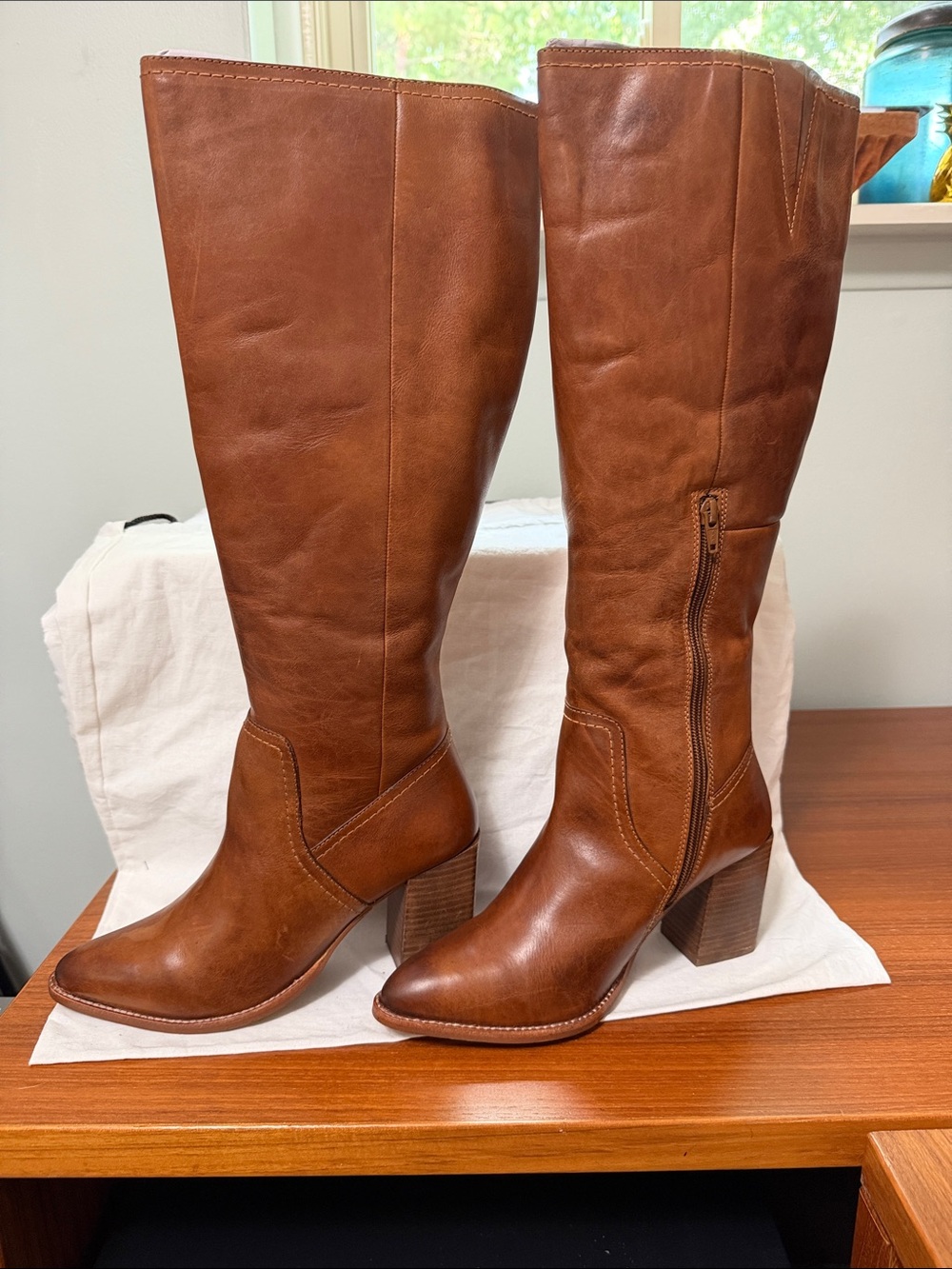 Women's Tall Brown Leather Block-Heel Riding Boots